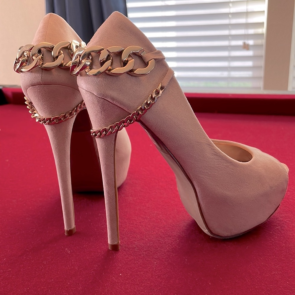 2B BeBe Faux Suede Platform Heels with Gold Chain Accents
